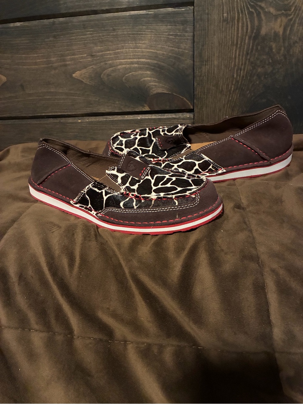 Ariat Brown and Black Animal-Print Slip-On Flats, size 7.5
